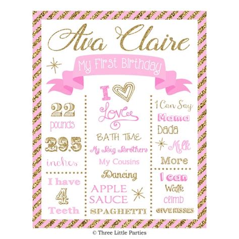 Pink And Gold First Birthday Chalkboard Sign Sparkle Birthday Poster