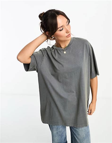 Asos Design Longline T Shirt In Washed Charcoal Asos