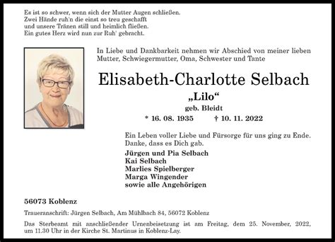 Traueranzeigen Von Elisabeth Charlotte Selbach Rz Trauer De