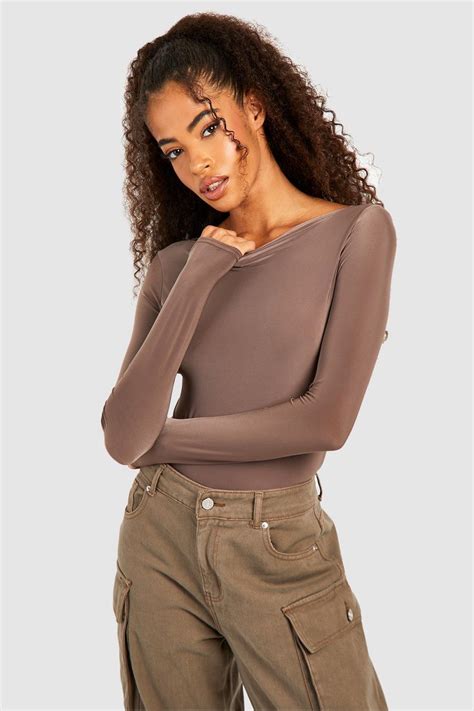 Mocha Slinky Slash Neck Long Sleeve Bodysuit Boohoo Uk