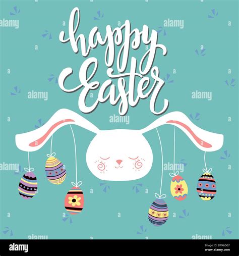 Colorful Happy Easter Greeting Card With Cute Rabbit Eggs And Blue