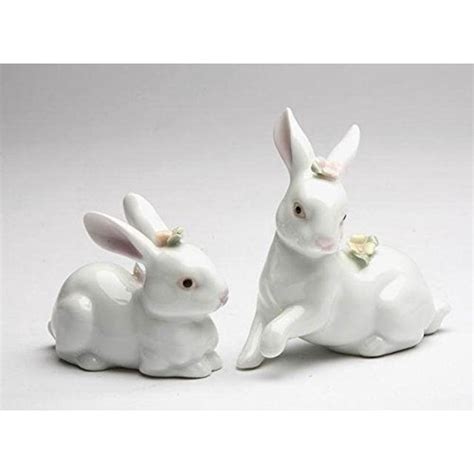 Pair Of White Rabbits With Flowers Ceramic Easter Figurines 96180 Bunny