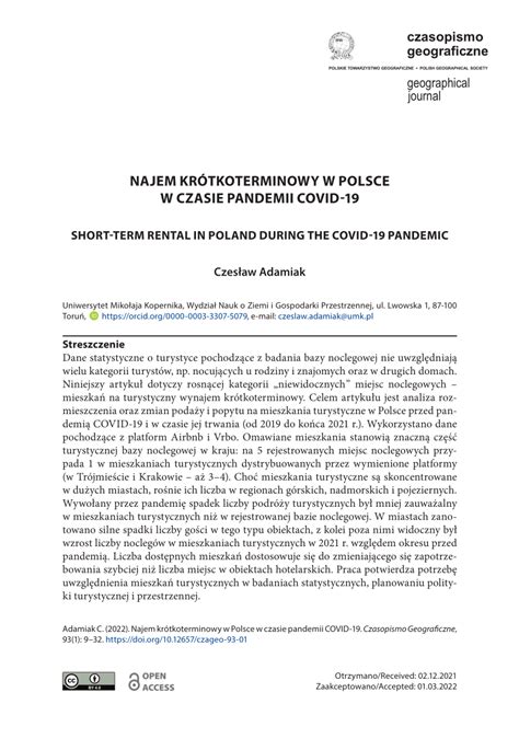 Pdf Najem Kr Tkoterminowy W Polsce W Czasie Pandemii Covid