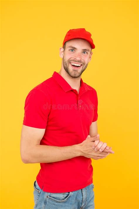 Postman Delivery Worker Handsome Man Red Cap Yellow Background