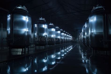 Row Of Cryonic Storage Tanks In A Dimly Lit Facility Stock Illustration Illustration Of