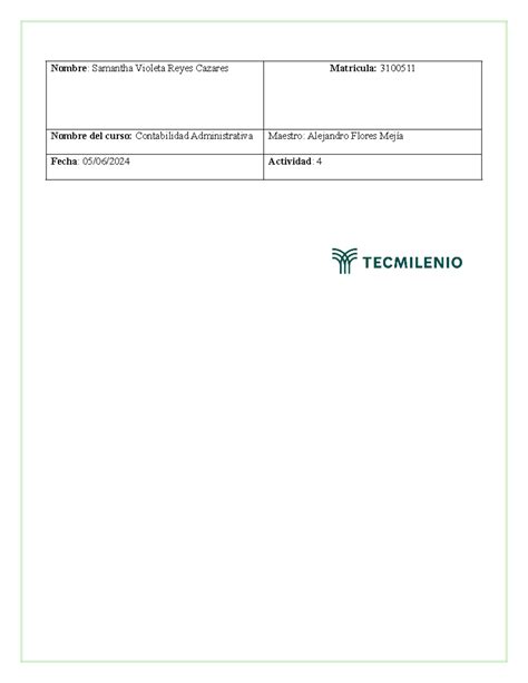 Actividad 4 Contabilidad Administrativa Nombre Samantha Violeta