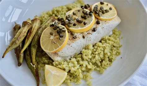 Lemon Caper Halibut With Pesto And Spinach Cauliflower Rice Food Life Love