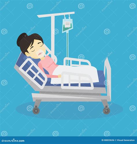 Patient Lying In Hospital Bed With Oxygen Mask Vector Illustration