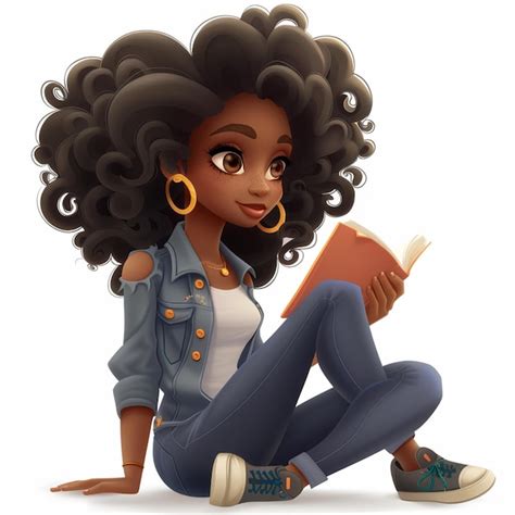 Cartoon black woman with afro hair sitting on the floor reading a book ...