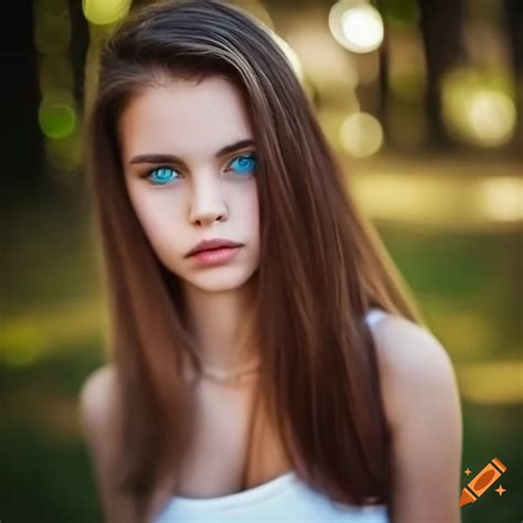 Girl With Long Brown Hair And Blue Eyes In Stylish Outfit