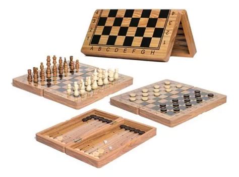 Juego De Ajedrez Damas Y Backgammon 34 Cm Tablero De Madera