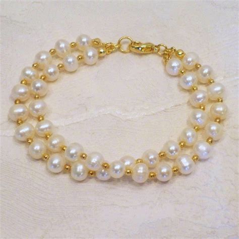 Double Freshwater Pearl Bracelet With Gold Etsy