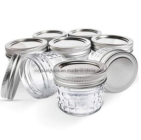 Mini Size 4 Ounce Diamond Embossed Glass Mason Jar Round Glass Jam Jar With Split Cap Glass