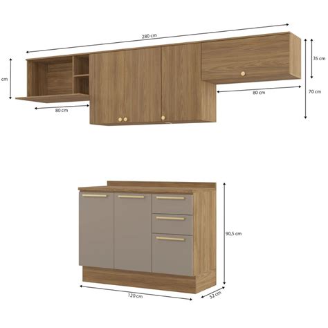 Cozinha Compacta 280cm Nicho Aéreo de Microondas 6 portas 3 Gavetas