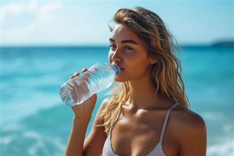 Premium Photo | Woman drinking water on the beach