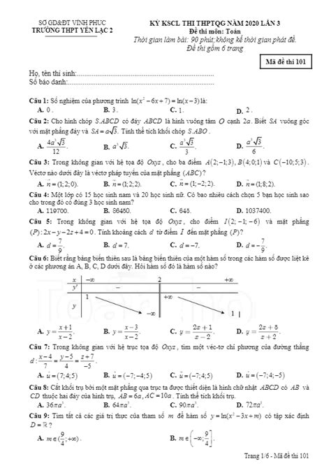 Đề KSCL thi THPTQG 2020 môn Toán lần 3 trường THPT Yên Lạc 2 Vĩnh