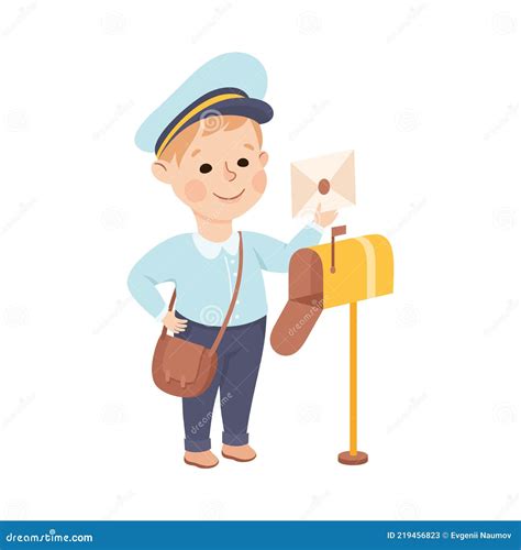 Postman Putting Letter In Mailbox Mailman In Blue Uniform Delivering