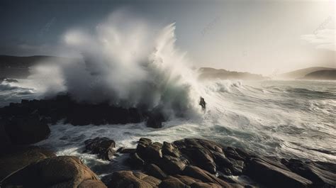 Very Large Wave Crashing Into A Rocky Shore Background Pictures Of