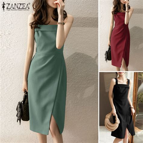 Esolo ZANZEA Korean Style Women Sleeveless Elegant Tank Dress Square