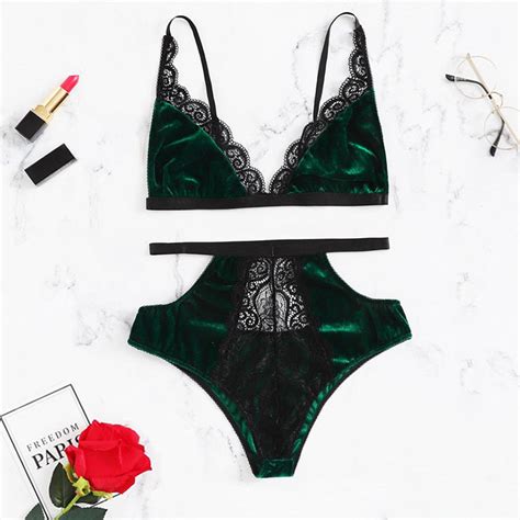 Sexy Green Velvet Sheer Floral Lace Spaghetti Strap Triangle Bra And