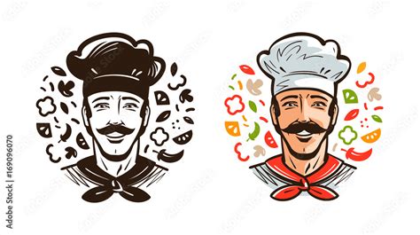 Portrait of happy chef, cook. Cuisine, cooking logo or label. Cartoon ...