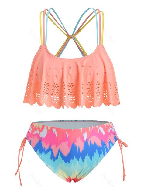 Plus Size Laser Cut Ruffled Tie Dye Bikini Swimsuit Off Rosegal