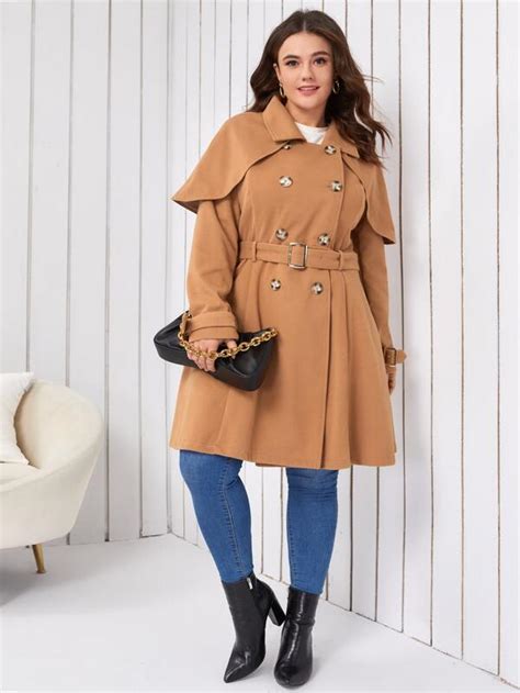 Shein Priv Plus Double Breasted Overlay Belted Overcoat Shein Usa