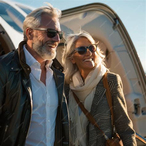 Premium Photo | Smiling elderly couple of travelers getting off the plane