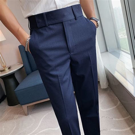 Men Dress Pants High Waist Fashion Design Stretch Casual Trousers