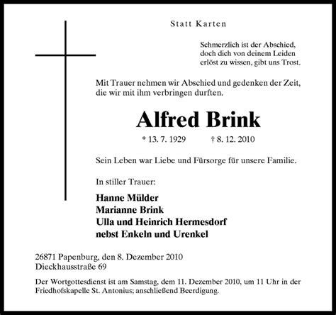 Traueranzeigen Von Alfred Brink Noz Trauerportal