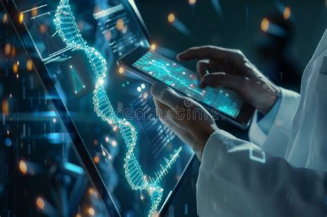 Scientist Analyzing DNA Helix On A Futuristic Tablet Stock Illustration