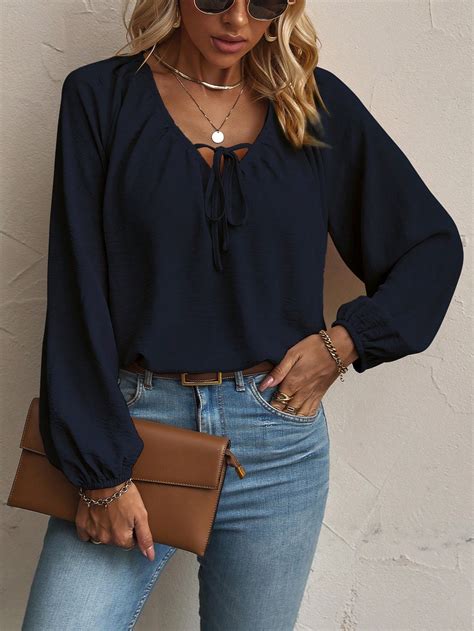 Shein Lune Tie Neck Lantern Sleeve Blouse Shein Uk