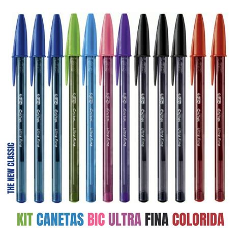 Kit Caneta Ultra Fina Bic Cristal Azul Rosa Roxa Preta Vermelha