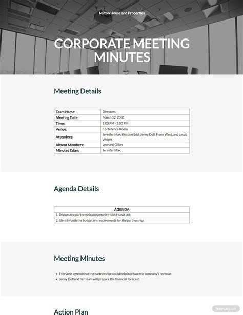 Simple Corporate Meeting Minutes Template In Google Docs Word Pages