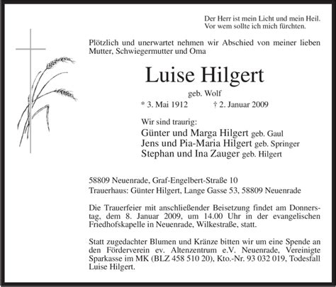 Traueranzeigen Von Luise Hilgert Trauer In NRW De