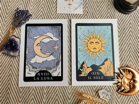 Set Of 2 Sun And Moon Tarot Card Prints Tarot Card The Sun Etsy