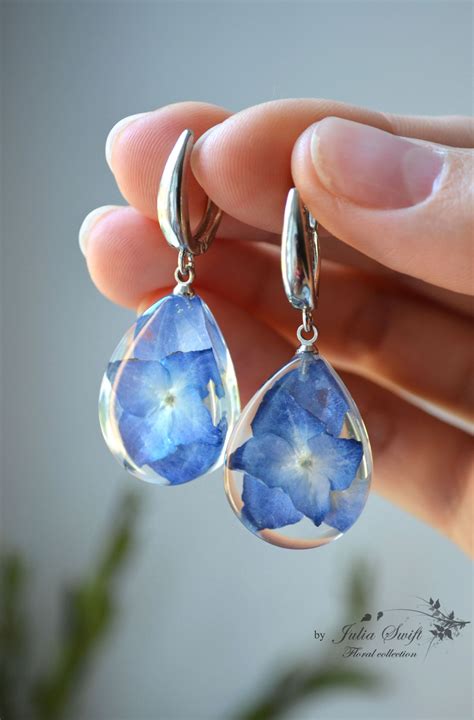 Earrings With Hydrangea Flowers In Resin Dried Blue Hydrangea Terrarium Jewelry Pressed