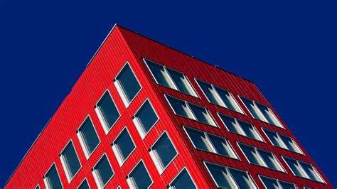 Red Building Wallpaper 4K, Blue Sky, Clear sky, Geometric