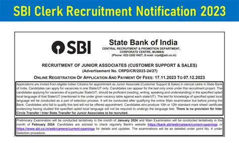 Sbi Clerk Recruitment Notification For Posts Apply Online