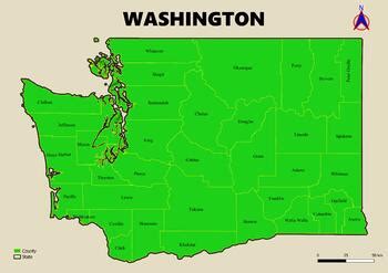 Map of the state of Washington in the USA with regions, counties labeled