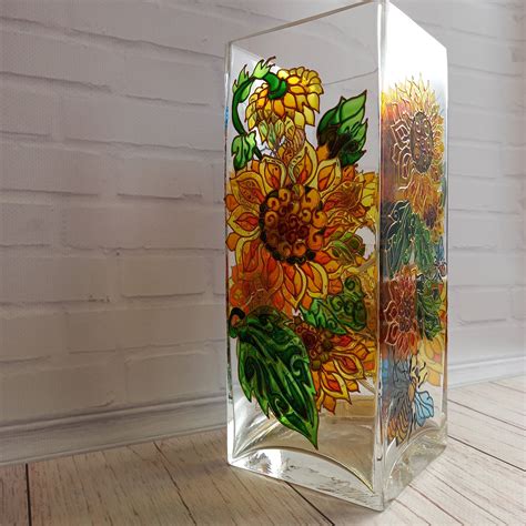 Tall Stained Glass Vase 1044 In 261010 Cm Sunflowers Etsy