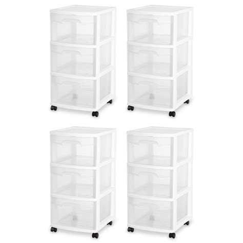 Sterilite 3 Drawer Rolling Wheels Home Organizer Storage Cart 4 Pack