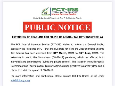 Fct Inland Revenue Service Extends Due Date For Income Tax Returns Filing Ǽlex Legal