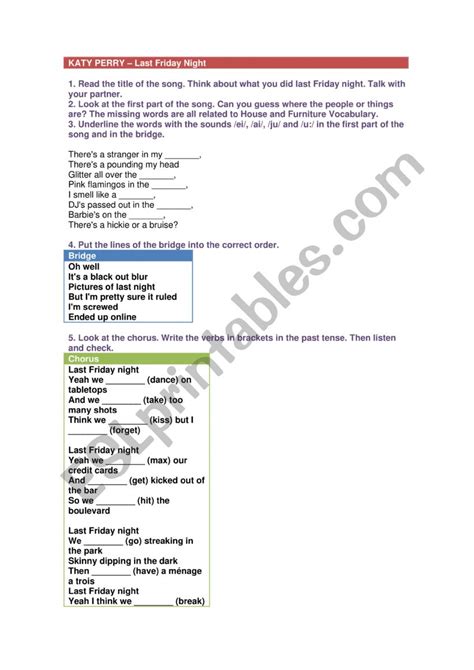 Last Friday Night By KatyPerry ESL Worksheet By Soniawham