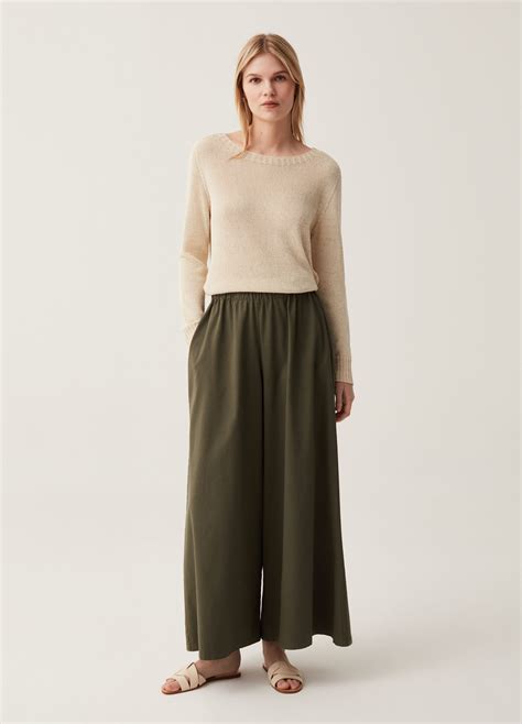 Pantaloni Wide Leg In Cotone Stretch Hybrid Verde Militare Hybrid Da