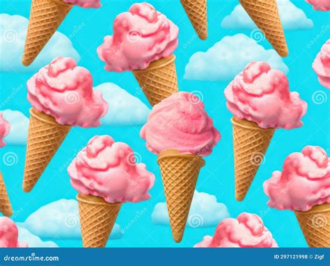 Pink Ice Cream In A Waffle Cone On A Blue Background Stock Illustration