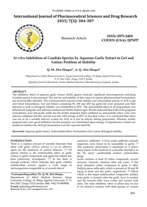 PDF In Vitro Inhibition Of Candida Species By Aqueous Garlic Extract