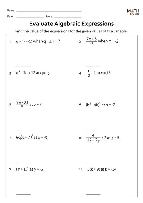 6th Grade Algebraic Expressions Worksheets Math Monks