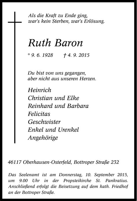 Traueranzeigen Von Ruth Baron Trauer In NRW De