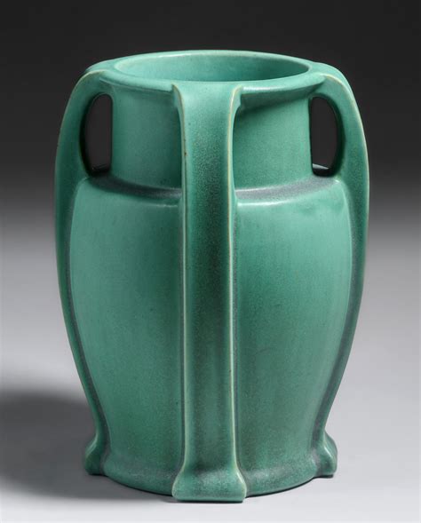 Large Teco Pottery Mattte Green Bulbous Four Handled Vase C